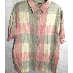 VTG Fashion Bug Top Plus Size 22/24 Plaid Check Button Up Shirt Pink Green Beige